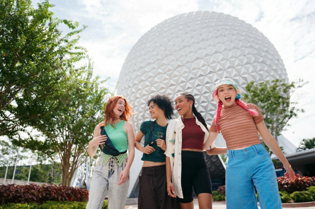 Four friends at Epcot in front of Spaceship Earth